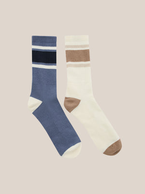 2 Pack Stripe Crew Socks White/Blue