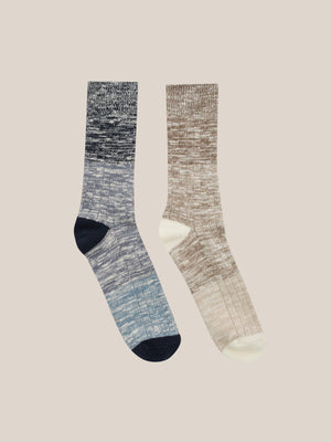 2 Pack Block Stripe Socks Blue/Beige